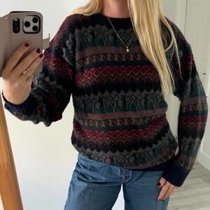 Vintage Handmade Peruvian Alpaca Wool Fair Isle Knit Sweater Size L 90's Nordic